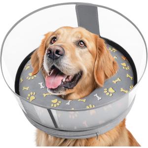 Inflatable Dog Cone with Anti-Licking Clear Shield, Protective Dog Donut Collar After Surgery, Adjustable Soft Recovery Cone for Pets, Alternative Collar with Buckle Strap (Grey Paw, XL) (XL (Neck: 18"-23"))