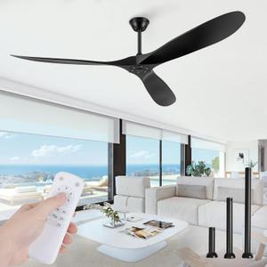70 inch Propeller Outdoor Ceiling Fan No Light, Large Ceiling Fans and Remote, 3 ABS Blades Ceiling Fan without Light for Porch, Patios, Bedroom, 1/4/8H Timing- Black