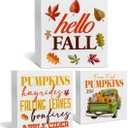 3 Pcs Fall Tiered Tray Decor Hello Fall Sign Home Decorations Autumn Pumpkins Truck 3 Pcs Wood Decorative Signs for Table Desk Shelf Wall, 5.7 x 5.7 inches, 5 x 5 inches, 4.3 x 4.3 inches