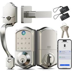 Veise VE017-H Fingerprint Smart Front Door Lock Set, App Control, Keyless Entry Deadbolt with Handle, Smart Deadbolt, Emergency Power Port, Touchscreen Keypad, Auto Lock, Easy Install, Satin Nickel