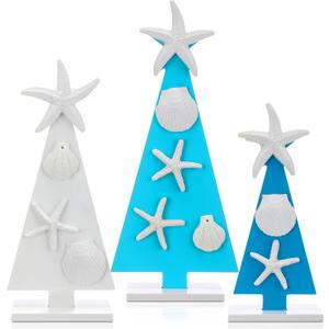 3 Pcs Coastal Christmas Tree Decor Wooden Beach Themed Seashell Starfish Shell Small Christmas Tree Decorations for Coastal Ornaments Ocean Theme Holidays for Indoor Home Xmas (Mixed)
