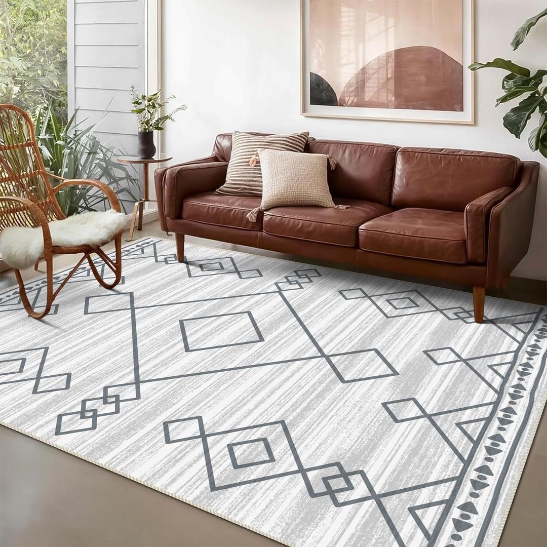 5x7 Area Rugs - Ultra-Thin Washable Rug with Non-Slip Backing, Ideal for Living Room, Bedroom, Kitchen Floor Carpet - Western Style, Easy Clean, Durable, Checkered (Ivory | Grey)