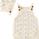 LAWKUL Baby Knit Romper Sleeveless 100% Cotton Jumpsuit with Hat Newborn Outfits Overall Bodysuit One Piece 2pcs (6-12Months, Cream1)