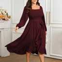 SCOMCHIC Women Plus Size Cocktail Dress Formal Long Sleeve Wedding Guest Smocked High Low Ruffle Dress with Belted (XL)