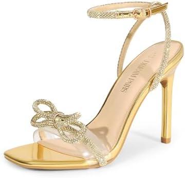 DREAM PAIRS Women's Double Bowknots Crystal Sandals Clear Slingback Heels Square Toe Shoes for Party Wedding Size 7.5