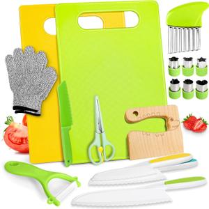 18PCS Kids Knifes Set for Real Cooking, Wooden Toddler Knife 2PCS Cutting Board Kitchen Gloves Fruit Vegetable Crinkle Cutters Plastic Kid Safe Knives, Birthday Gifts for Girls & Boys Age 3-8 Yrs Old 