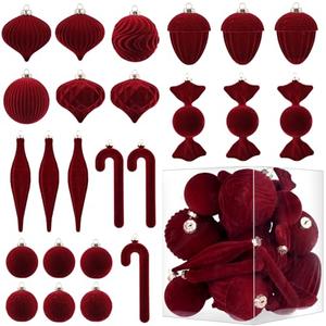 Velvet Ornaments for Christmas Tree Decorations - Burgundy Flocked Christmas Ornament Set for Winter Holiday Decor - Shatterproof Xmas Balls Ornaments Bulk - Pack of 24