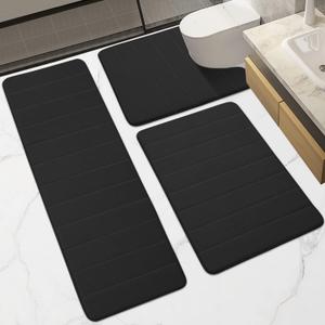 Memory Foam Bathroom Rugs Sets 3 Piece, Extra Thick Soft Absorbent Non Slip, Washable Toilet Bath Mat Shower Carpet for Bedroom, Living Room (Black, U Shape 24 X 24+24 X 32+17 X 48)
