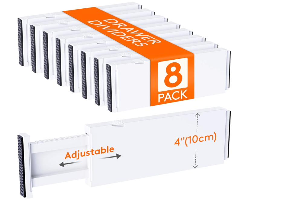 Lifewit 8 Pack Upgrade Drawer Dividers for Clothes, 4" High 11"-17" Adjustable Dresser Drawer Organizers, Expandable White Plastic Drawer Separators for Kitchen, Nursery, Office Organization & Storage