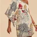 Floerns Women's Floral One Shoulder Mini Dress Dolman Sleeve Vacation Tunic Dresses (Brown, M)