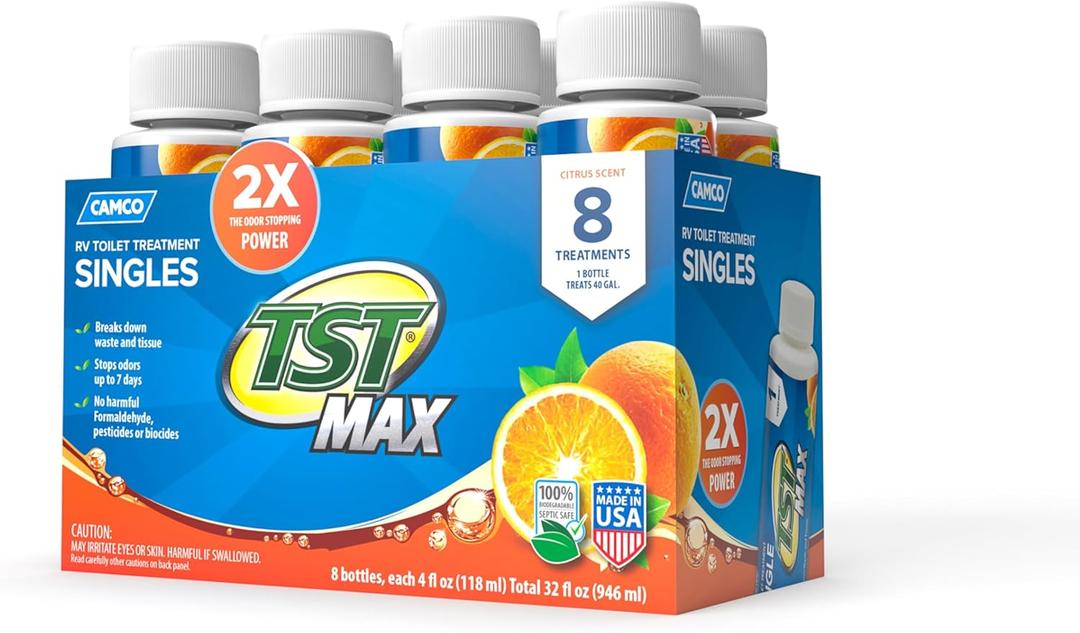 Camco TST MAX RV Toilet Treatment - Formaldehyde Free - Breaks Down Waste And Tissue - Septic Tank Safe - Treats up to 8-40 Gallon Holding Tanks -Orange Scent, (8) 4 oz Bottles (41191)