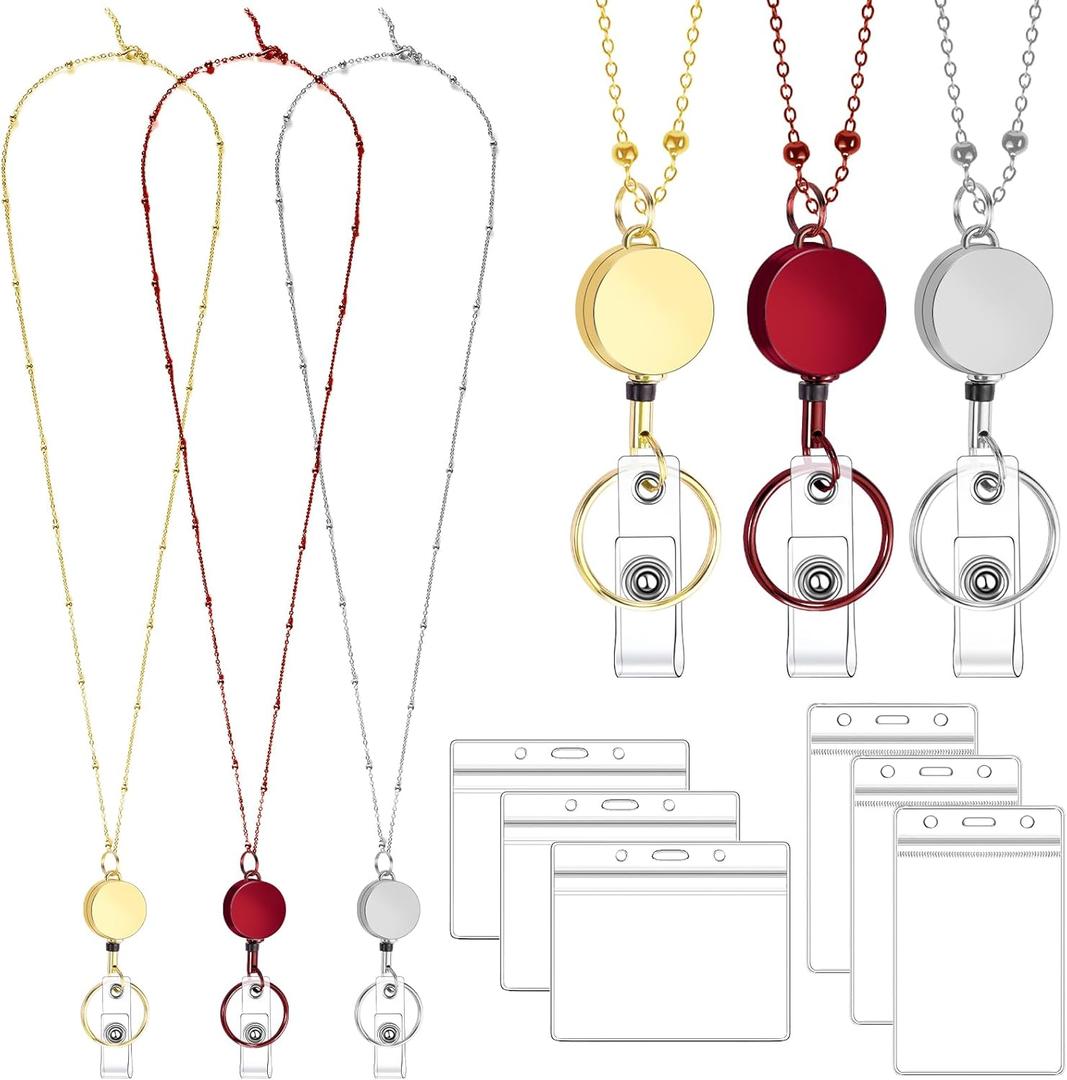 Lanyards for Id Badges 3 Pack Badge Lanyard with 6 Pcs Id Badge Holder Retractable Stainless Steel Teacher Lanyard Cruise Ship Lanyards for Girl Women (Red, Silver, Gold)