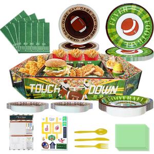 Football Party Tableware Supplies Kit, 2025 Super Bowl Party Favors Kit Serve 12, Includes Super Snack Stadium, 24 Paper Plates, 12 Knives Forks & Spoons, Napkins, and Game Cards