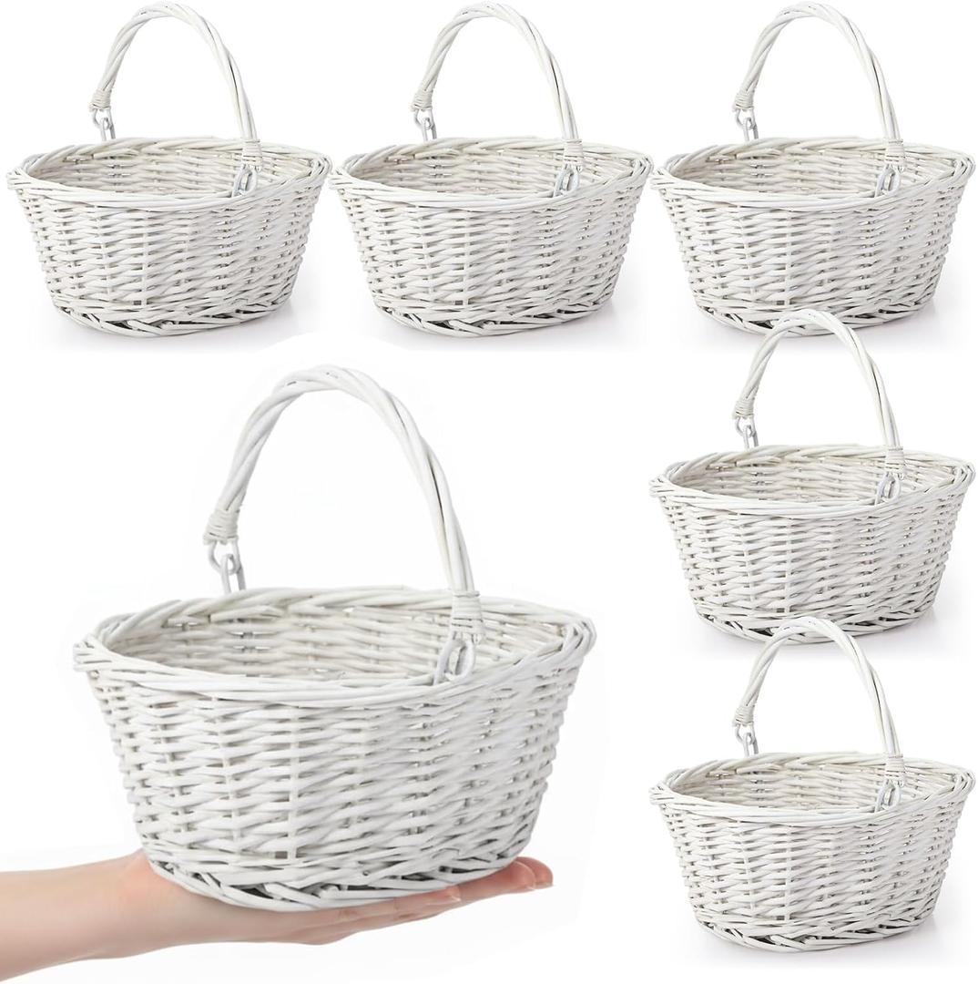 Barydat 6 Pcs Small Wicker Picnic Basket with Handle Flower Girl Baskets Oval Willow Woven Braided Gift Basket for Easter Weddings Baby Shower Home Garden Decor (White,9" x 7" x 4")