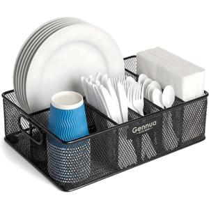 Paper Plate Organizer for Cabinet, Counter, Picnics, Parties & More, Extra Large Utensil Caddy Crafted of Thick Iron Mesh With 6 Compartments for Paper Plates & Plastic Silverware