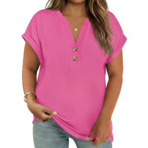 Beautife Womens Plus Size Short Sleeve Henley Tops Summer Button V Neck Blouses 2026 Dressy Casual Loose T Shirts, Rose Red, 3X-Large Plus