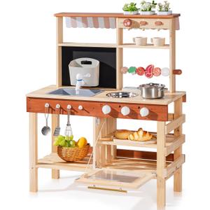ROBUD Mud Kitchen for Kids Outdoor, BBQ Grill Solid Wood Outdoor Play Kitchen, Green Kids Mud Kitchen with Working Water Tap, Blackboard, Garden Sink, Monteeori Toys for Children Ages 3+, WH009