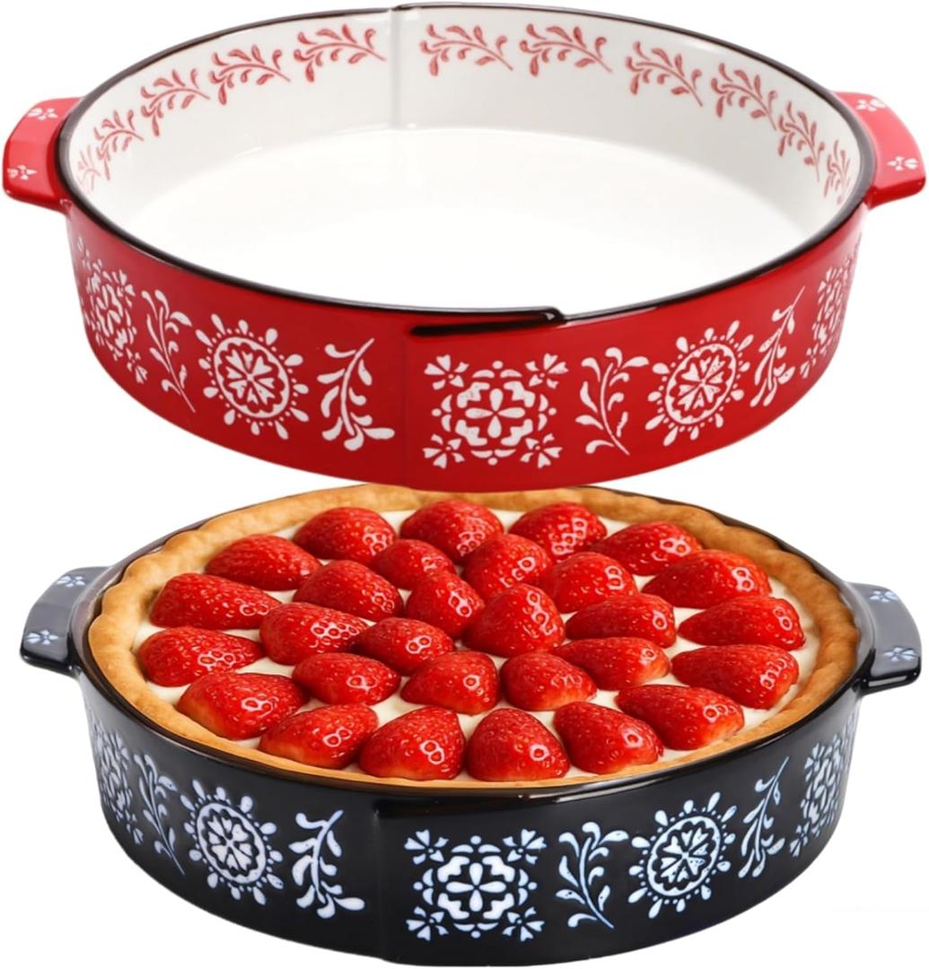2 Pack Ceramic Baking Dish, 9 Inch Non-Stick Pie Pan with Double Handle, 44 Oz Deep and Fluted Pie Plate for Apple Pies, Quiche, Cake, Tart, Oven Microwave Dishwasher Safe, Red, Blue