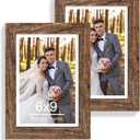 6x9 Picture Frame Set of 2, Made of Real Glass and Rustic Brown Wooden Frame - 6 by 9 Photo for Wall or Tabletop Display