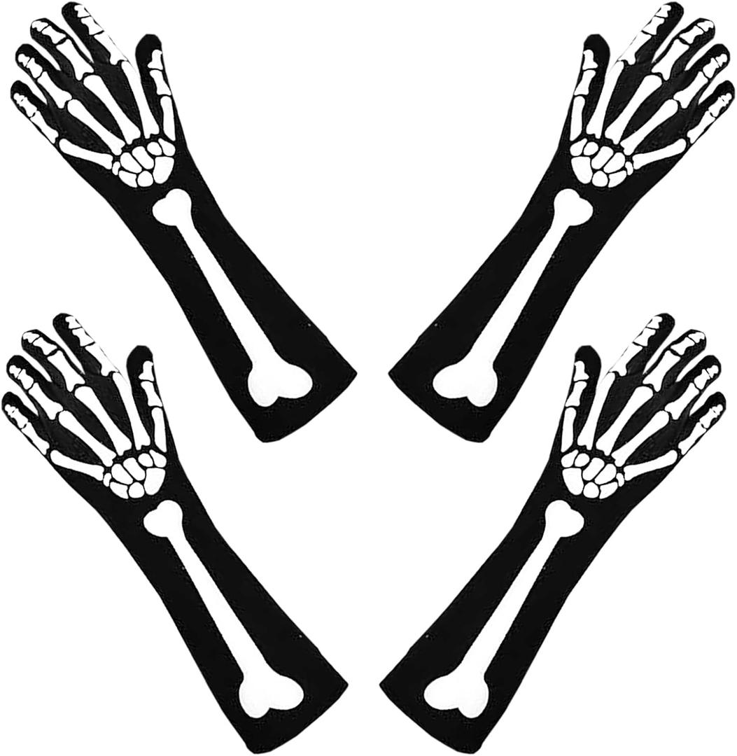 2 Pairs Black Skeleton Gloves, Day of The Dead Ghost Full Finger Bones Accessories for Halloween Cosplay Parties (BLACK, Long)