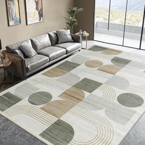 Large Machine Washable 6x9 Area Rug, Soft Modern Geometric Abstract Beige Rugs for Bedroom Living Room, Non-Shedding Faux Wool Indoor Throw Floor Carpet for Office Entryway Dining Room Decor