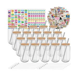 16 oz Clear Plastic Cups Reusable with Bamboo Lids and Straws & DIY Sticker, 20Pack Acrylic Mason Jars Iced Coffee Drinking Glasses Cup for Park Picnic, Poolside, Party Giveaways