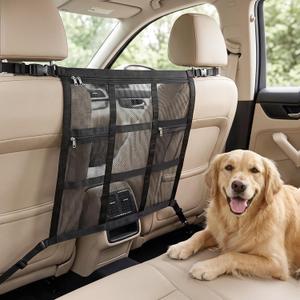 Dog Car Barrier, Dog Barrier for SUV, Reinforced Double-Layer Mesh, Adjustable Top & Bottom Straps, 3 Zipper Storage Pockets, Easy to Install, Also Fits Double-Cab Trucks & Select Sedans