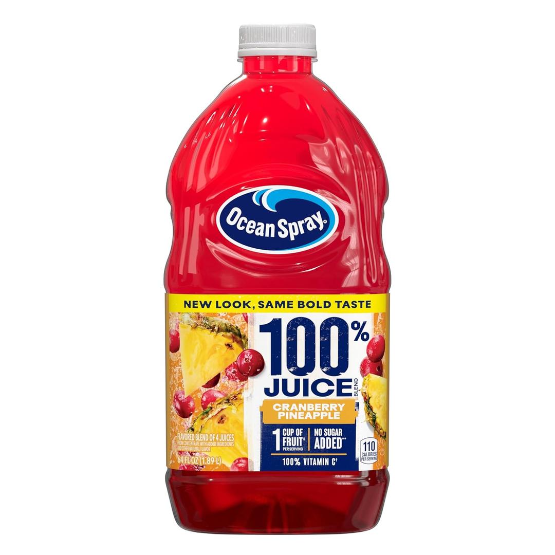 Ocean Spray 100% Juice Cranberry Pineapple Juice Blend, 64 Fl Oz Bottle (Pack of 8) (EXP 08/10/26)