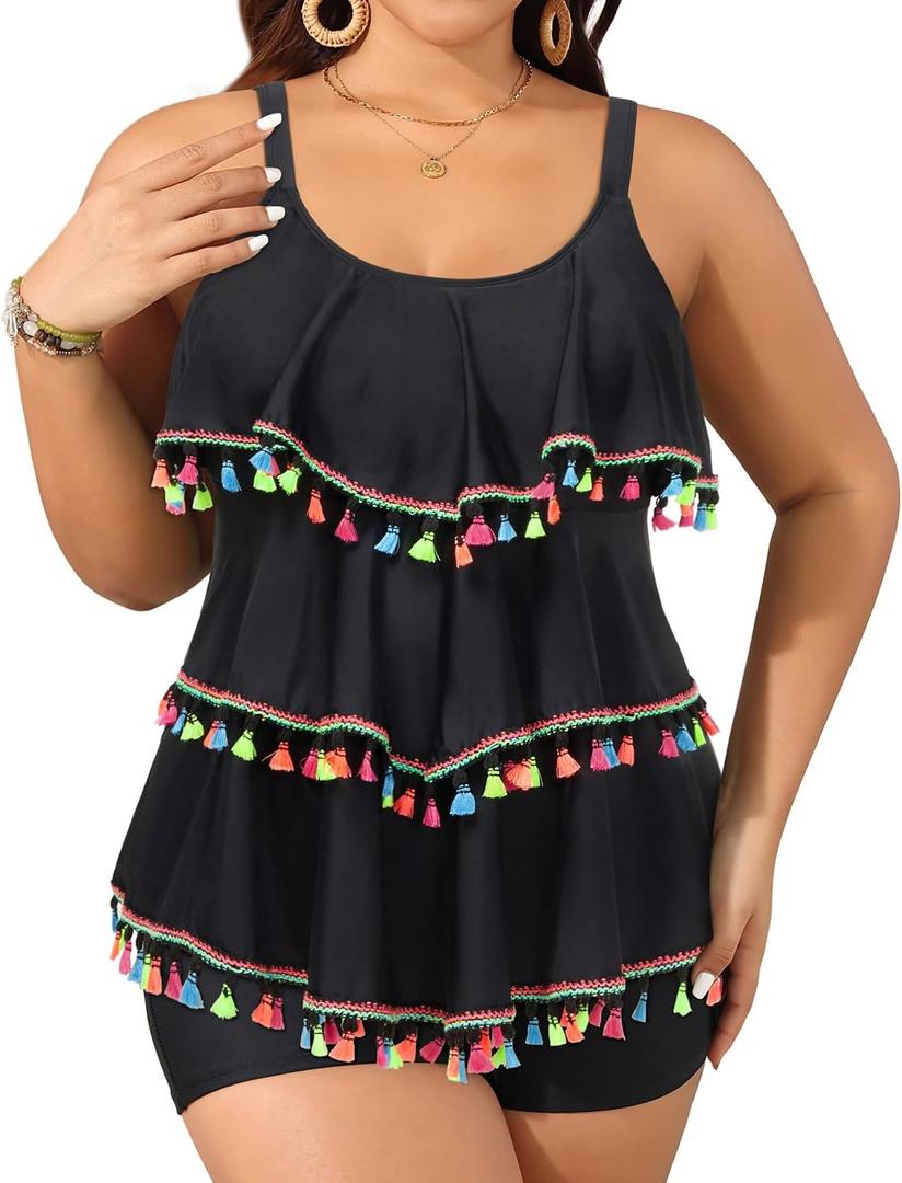 Yonique Women's Plus Size Tankini Swimsuits with Shorts Two Piece Bathing Suits Ruffle Swimsuits Tummy Control Swimwear Black Tassel 18W