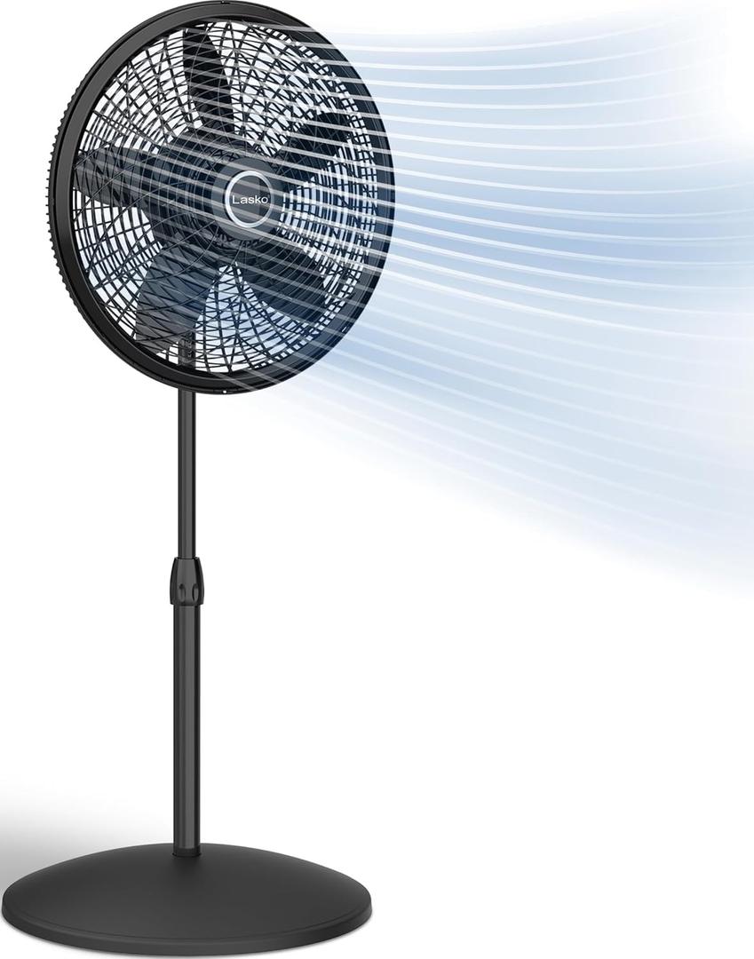 Lasko Adjustable Pedestal Fan - 18” - 1827 - Black | Oscillating Fan for Bedroom, 3 Cooling Speeds, Portable, Blue Plug Safety Technology, Manual Display and Controls