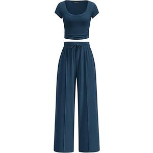 PRETTYGARDEN Women's Summer 2 Piece Matching Lounge Sets Short Sleeve Crop Tops Wide Leg Pants 2026 Airport Travel Outfits (Navy Blue, Large)