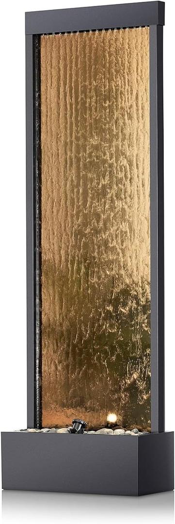 Alpine Corporation 72" Tall Indoor/Outdoor Mirror Waterfall Floor Fountain, LED Lights & River Stones, Elegant Bronze Finish for Home, Office, Patio & Entryway Decor
