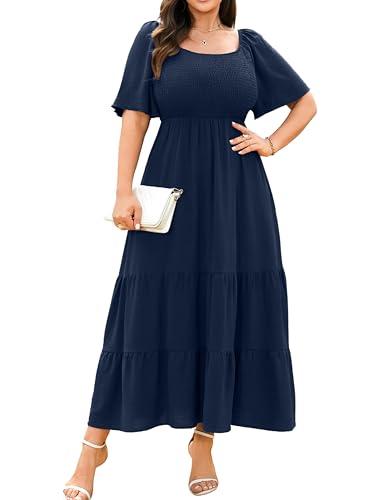 RWJ Plus Size Dresses for Curvy Women, Women's Navy Blue Wedding Guest Dress Summer Short Sleeve Square Neck Smocked High Waist Cocktail Party Flowy Maxi Dresses L