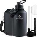 64 oz Insulated Water Bottle with Straw lid & Spout lid, Stainless Steel Half Gallon Water Flask Jug with Paracord Handle & Strap Pouch, Large Vacuum Thermo Bottles, Cold for 48 Hrs (Black)