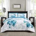 Sunshine Nicole Soft Brushed Microfiber Comforter Set, 7 Pieces King, with Light Weight Soft Poly Fill, Printed Teal Grey Big Florals Face with Print Reverse