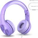 LilGadgets Connect+ Pro Wired Kids Headphones for School with Microphone, Volume Limiting Over-Ear Headset with Cord, SharePort Technology & SoftTouch Padding, Purple (Plain)