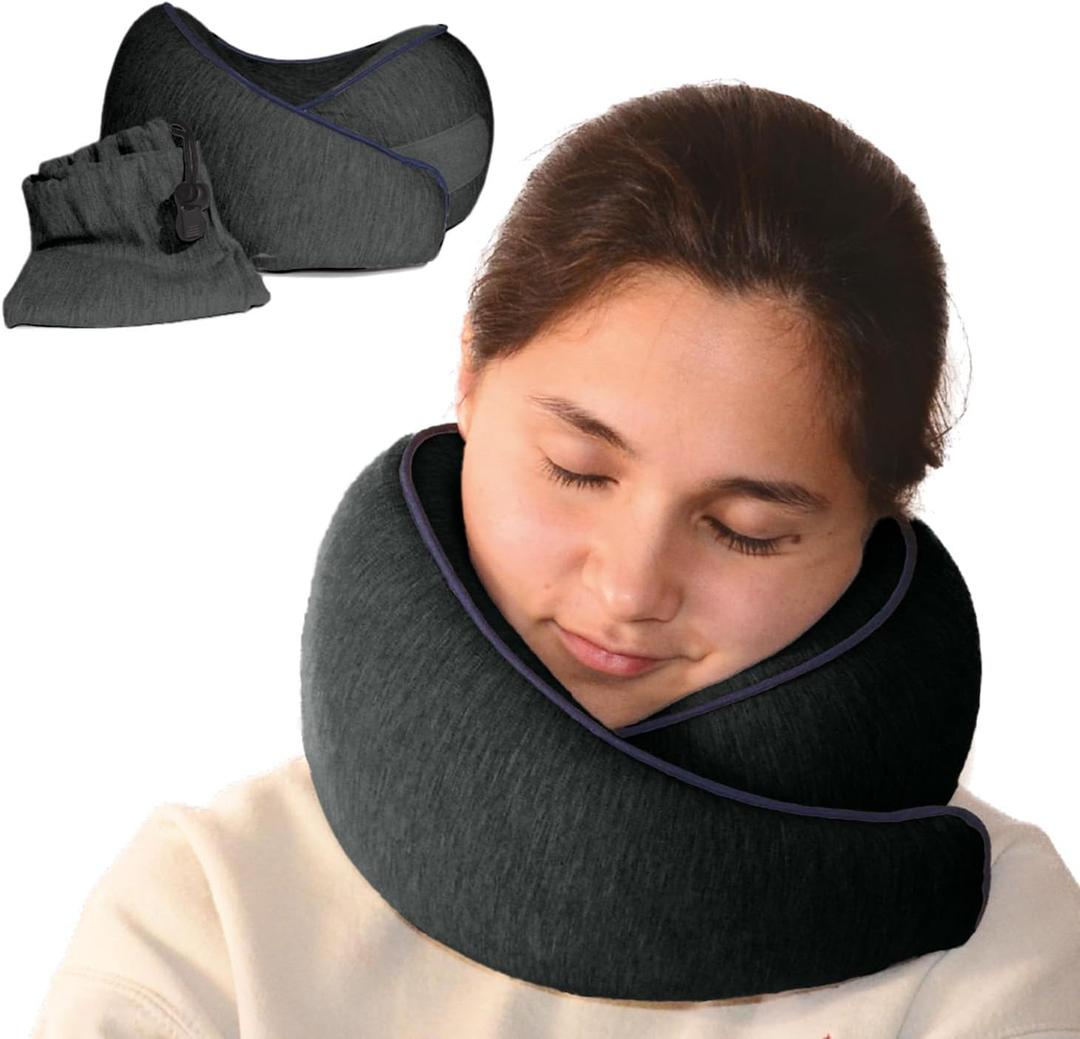 Memory Foam Travel Pillow | Provides Real Support to Head, Neck and Chin | Best Firm Airplane Pillow for Long Flights (Charcoal)