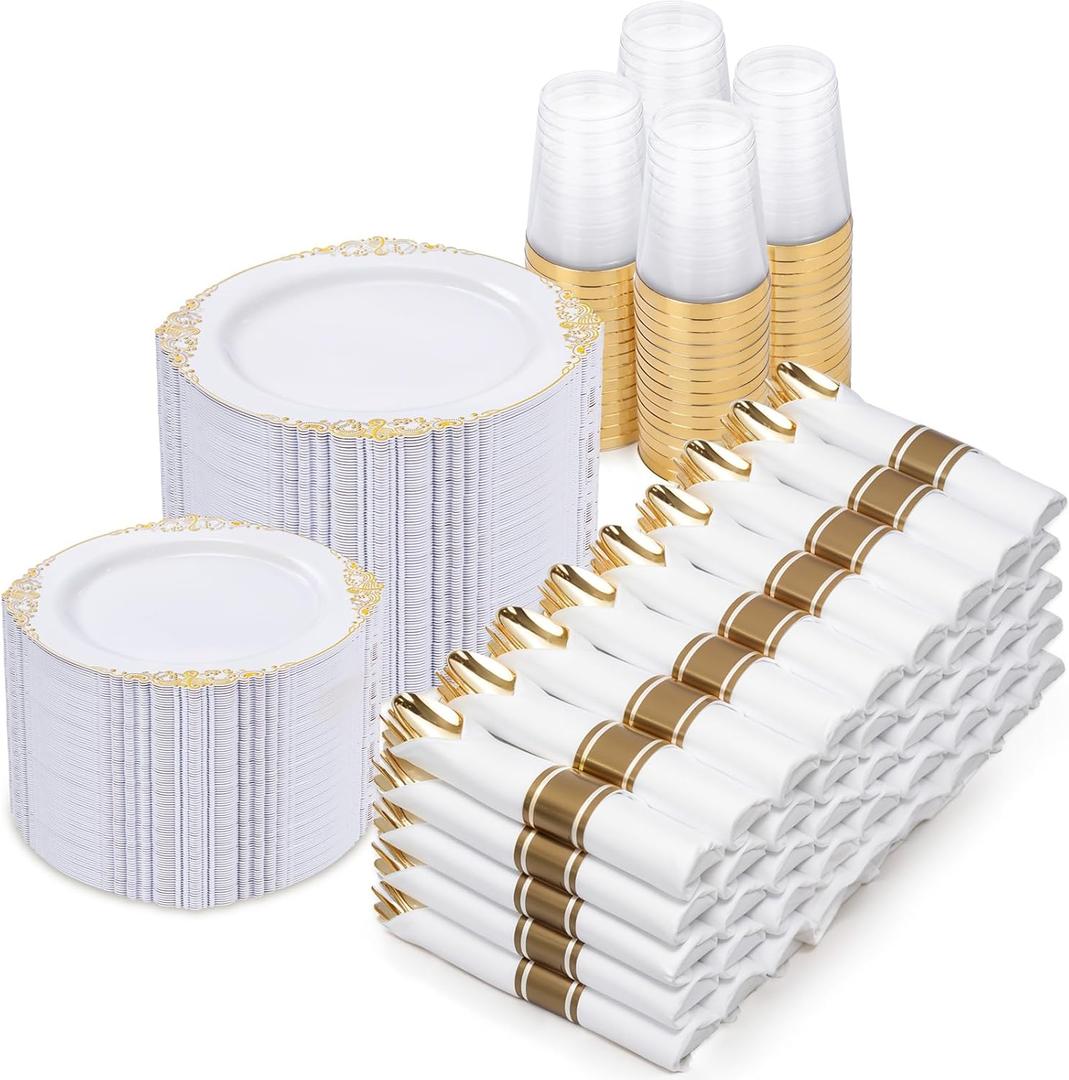 Nervure 700PCS Gold Plastic Plates - Gold Plastic Dinnerware Sets for 100 Guests - 200 Disposable Plates, 300 Silverware, 100 Cups, 100 Napkins for Wedding & Party (White and Gold)