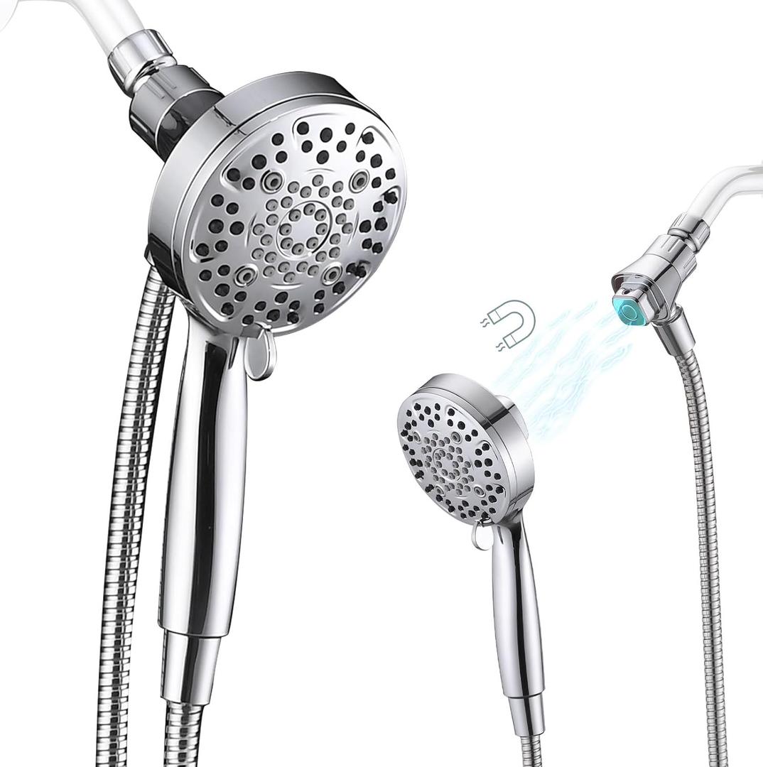 PDPBath High Pressure 6-Setting Handheld Shower Head, Magnetic Shower Head with Handheld Spray, Removable Shower Head with Magnetic Guidance Docking System, 60'' Stainless Steel Hose, Chrome