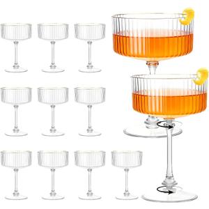Plastic Martini Glasses 10oz, Detachable Ribbed Coupe Glasses with Gold Rim, Disposable & Reusable Unbreakable BPA-free Vintage Cocktail Cups, Champagne Coupe for Party Wedding (Clear, 12pcs)