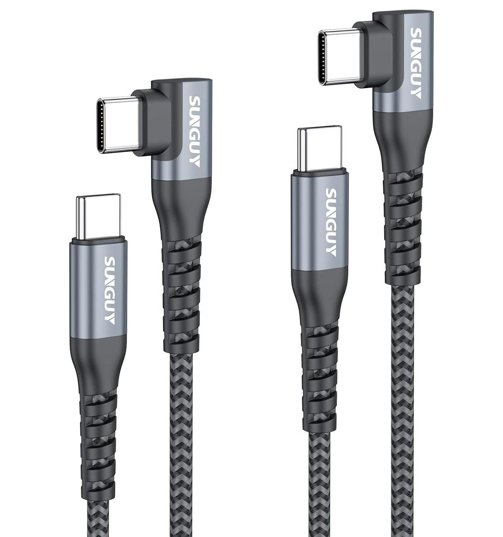 SUNGUY Right Angle USB C to USB C Cable 1FT 2Pack 60W Fast Charging USBC Cable Braided Type C Data, 90 Degree C Port Charger Cord Android Auto Carplay Compatible for iPhone 17/16/15, MacBook, Samsung