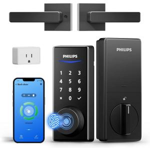 Philips WiFi Smart Lock with Handle, Fingerprint Keyless Entry Door Lock with WiFi Bridge, Smart Locks for Front Door with Handle Set, APP Remote Control, Voice Control, Auto-Lock, Matte Black