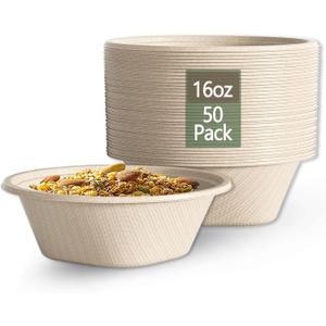 Homestockplus Small Disposable Paper Bowls - Heavy Duty 16 Oz Disposable Bowls - Made from Natural Bagasse Biodegradable Bowl for Cereal, Rice, French Fries [50 Pack]