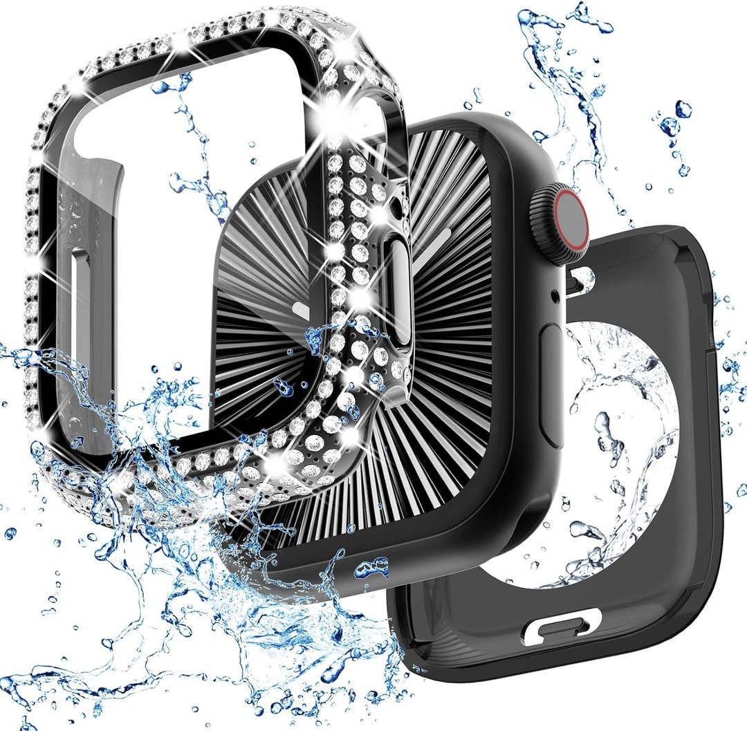 2 in 1 Bling Waterproof Case for Apple Watch Series 6 5 4 SE 40mm, 360 Protective PC Cover Front & Back with Tempered Glass Screen Protector, [Full Diamond] Watch Case for Women, Black
