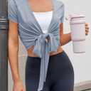 Fisoew Womens Wrap Tie Tops Short Sleeve Ballet Pilates Yoga Crop Shirts Y2k Workout Deep V Neck Casual Wrap Tops, M