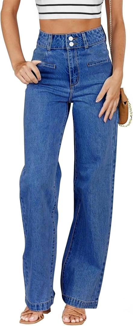 Sidefeel Women's Jeans High Waisted Straight Leg Stretchy Jeans Trendy Loose Wide Leg Zimbaplatinum Denim Pants with Pockets (12, Blue)