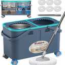 2026 Upgraded Gen 2 Spin Mop and Bucket Set with 4 Swivel Wheels for Easy Rolling, Separates Clean & Dirty Water, Floor Mop with 6 Washable Mop Heads for Wood, Tile, Vinyl, Baseboards - Grey/Blue