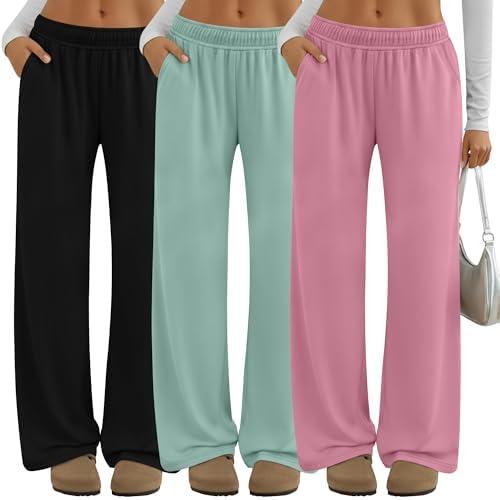 Neer 3 Pack Women's Lounge Pants Wide Leg Yoga Built in Drawstring High Waisted Casual Comfy Baggy Sweatpants with Pockets Medium