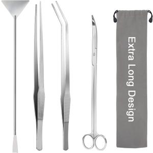 Aquarium Aquascape Tools Kit 15in, 4 in 1 Anti-Rust Aquatic Plant Aquascaping Tool Stainless Steel Tweezers Scissor Spatula for Aquarium Tank Clean Fish Tank Aquascape Accessories Set(Silver)