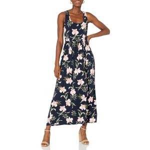 Amazon Essentials Women's Tank Waisted Maxi Dress (Large, Navy Tropical)